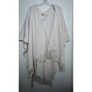 Loft Sweater Wrap Poncho Open Front Cream Knit Fringe One Size Lightweight